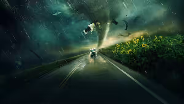 A truck drives down a storm-lashed road as a tornado lifts debris overhead