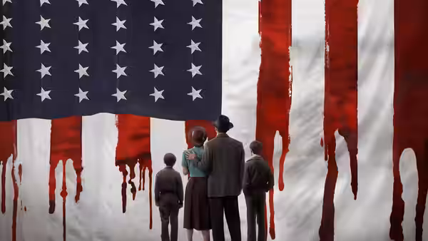 A couple and their two sons stand before a blood-dripping American flag