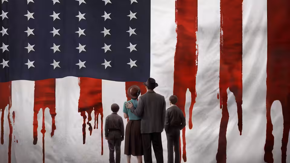 A couple and their two sons stand before a blood-dripping American flag