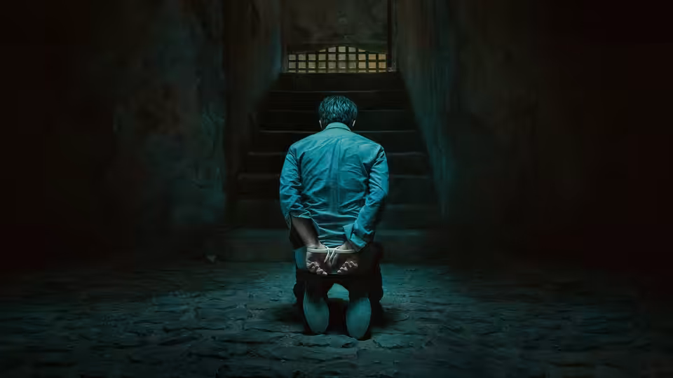 A man in a blue shirt kneels with hands cuffed on a stone floor