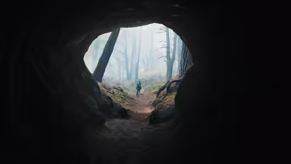 A lone figure walks a misty forest path from inside a cave