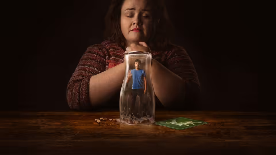 Martha (Jessica Gunning) clasping hands around jar holding miniature Donny (Richard Gadd)