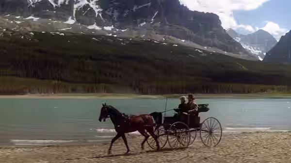 A horse-drawn carriage with two passengers travels along a lakeside beach