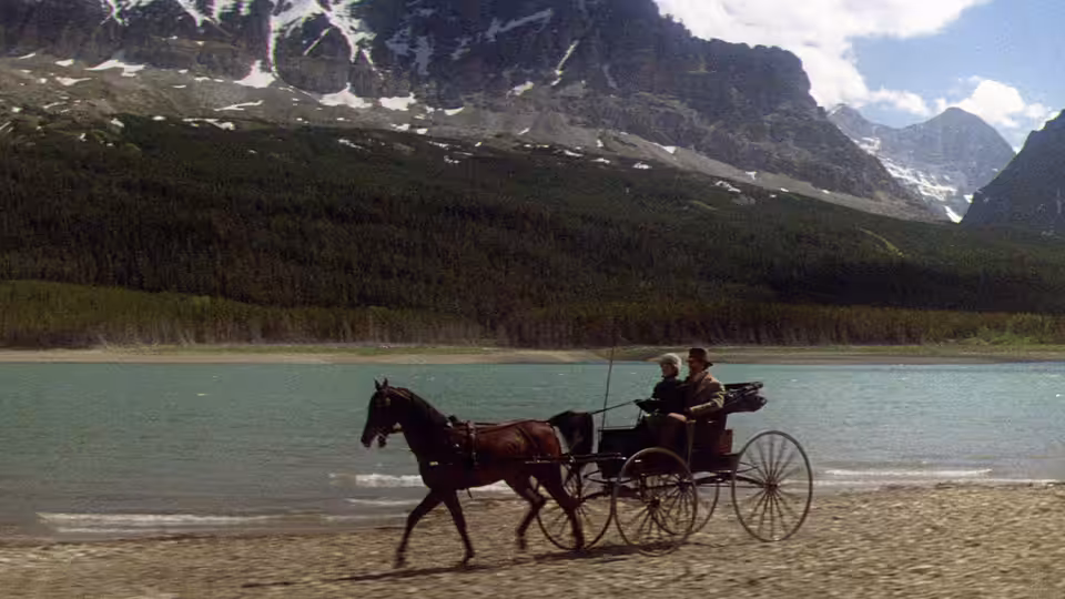 A horse-drawn carriage with two passengers travels along a lakeside beach