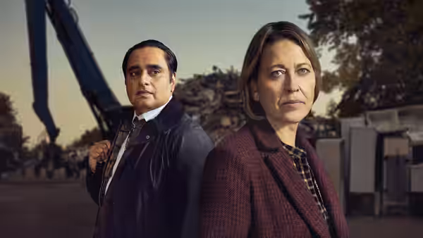 DS Sunny Khan (Sanjeev Bhaskar) and DCI Cassie Stuart (Nicola Walker) at an industrial site