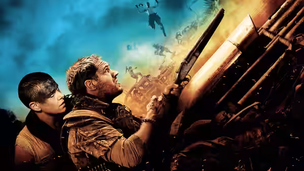 Two men with guns look up at figures falling through the air