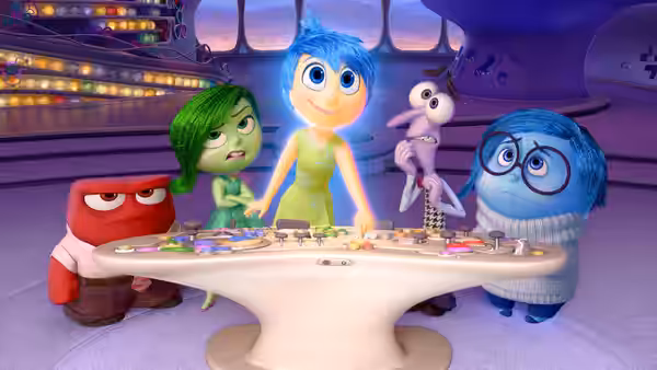 Joy, Sadness, Anger, Disgust and Fear gathered around the console in headquarters