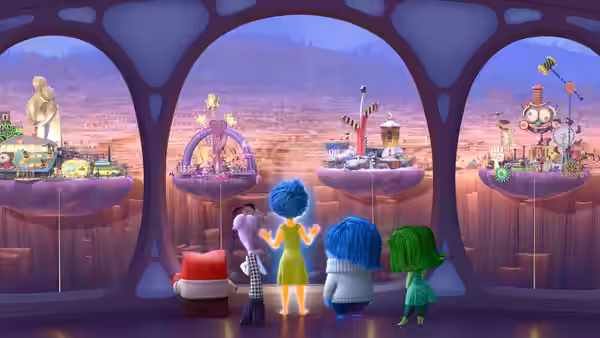 Joy, Sadness, Anger, Disgust and Fear looking out at islands in the mind world