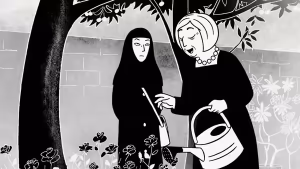 Two women tending plants with watering can under tree