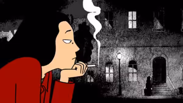 Woman in red coat smoking cigarette outside building at night
