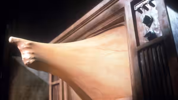 a pale hand protruding from the side of a wooden television cabinet