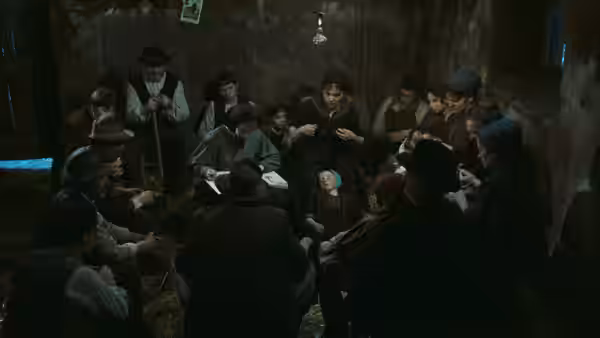 Farmers gather around a woman lying in bed inside a dim farmhouse room