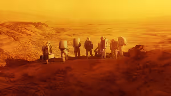 Line of astronauts stands on ridge above vast orange desert plain