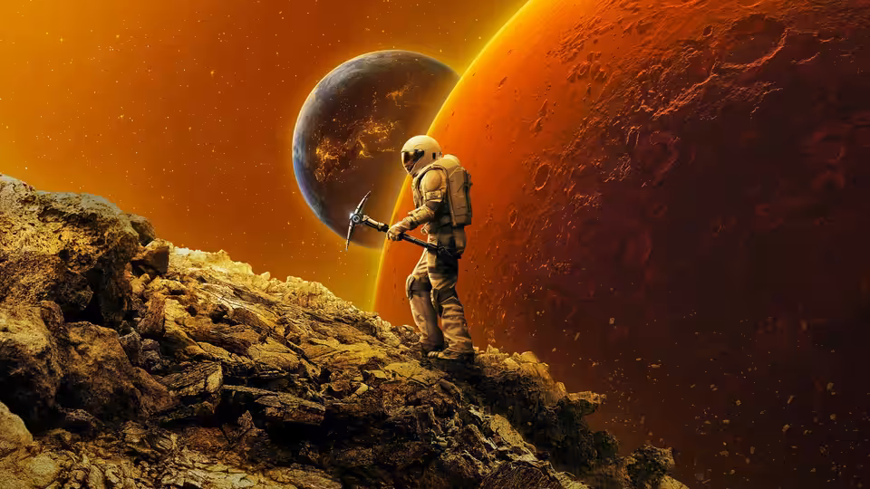 Astronaut holding pickaxe stands on rocky cliff overlooking red planet