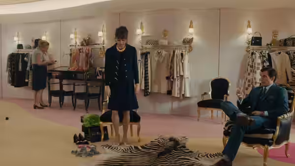 Gaby Teller (Alicia Vikander) stands in a boutique as Napoleon Solo (Henry Cavill) lounges nearby