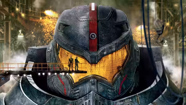 Two pilots stand on a walkway in front of a Jaeger's illuminated yellow eye slit
