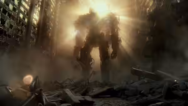 A massive robot emerges from smoke and dust in a devastated urban landscape