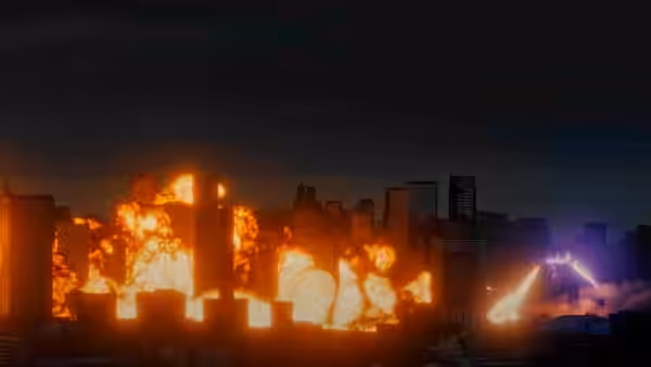 Buildings burn across the city as a purple beam cuts through the night