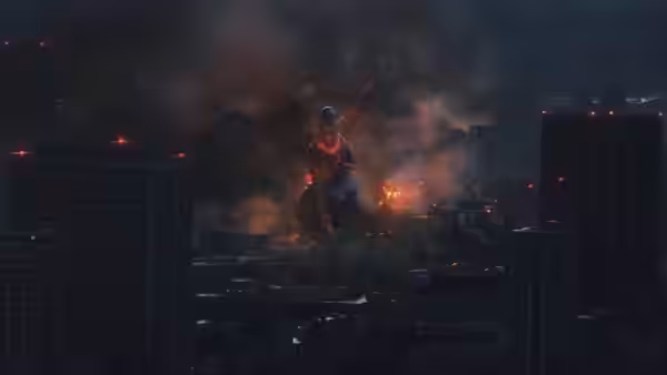 Godzilla raises an arm amid smoke and fires among city buildings