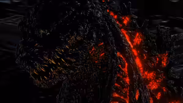 Godzilla’s face and glowing red fissures fill the darkness