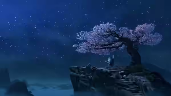 A lone figure sits beneath a flowering tree on a mountaintop under the stars