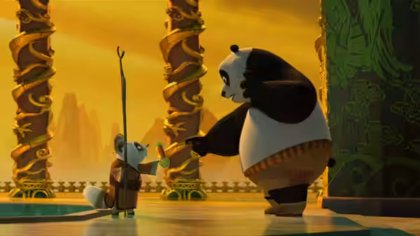 Po offers a small object to Shifu in the palace courtyard
