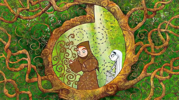 Brendan (Evan McGuire) pointing at an ornate gate while Aisling (Christen Mooney) watches inside a hollow tree