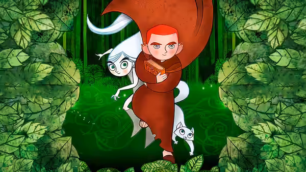 Brendan (Evan McGuire) carrying a book beside Aisling (Christen Mooney) and a white cat in glowing woods