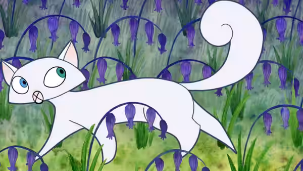 A white cat walking through tall purple flowers in a grassy meadow