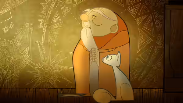 Abbot Cellach (Brendan Gleeson) resting with eyes closed beside a white cat in a patterned chamber