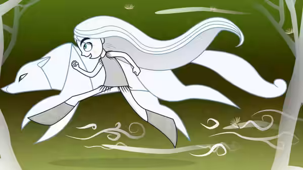 Aisling (Christen Mooney) riding a large white wolf through dense green forest