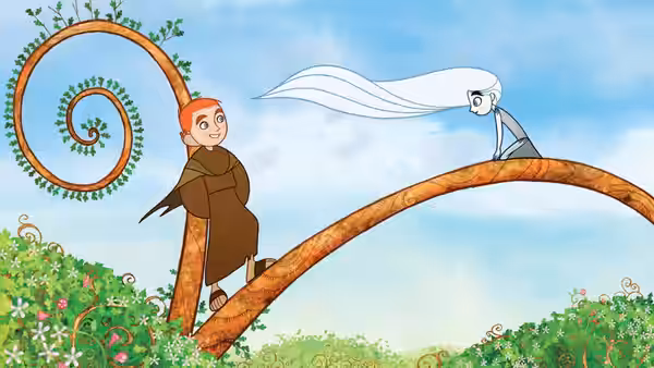 Brendan (Evan McGuire) and Aisling (Christen Mooney) perched on a curving forest branch