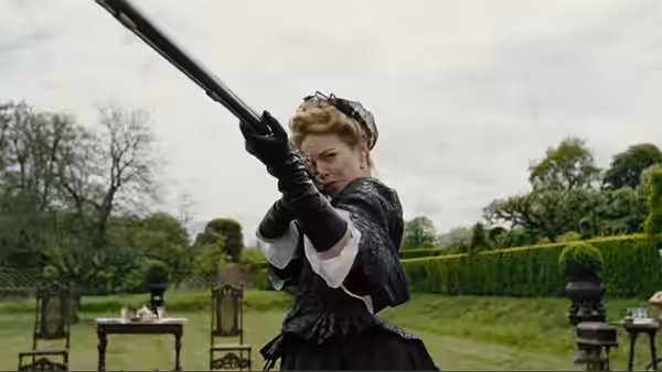 Woman in black gown aims long rifle across garden lawn