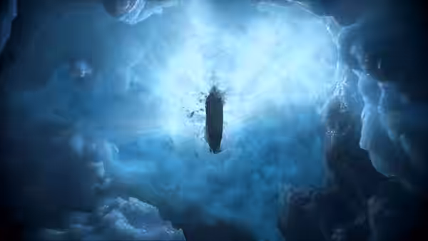 A sailing ship floats amid glowing blue ice formations underwater