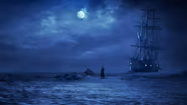 A lone figure stands before a tall ship on moonlit frozen sea
