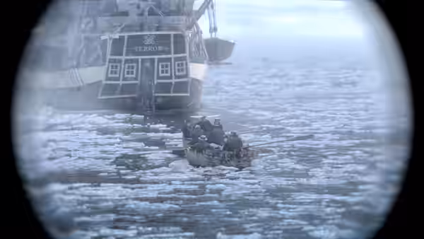 Men row a small boat toward the ship Terror in icy waters