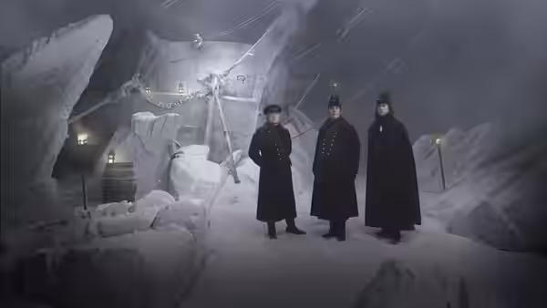 Three men in dark coats stand inside a vast icy chamber
