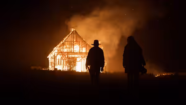 Two figures watch a wooden building burn in the darkness