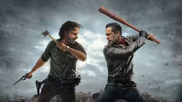 Rick Grimes (Andrew Lincoln) wielding an axe faces Negan (Jeffrey Dean Morgan) swinging a bat