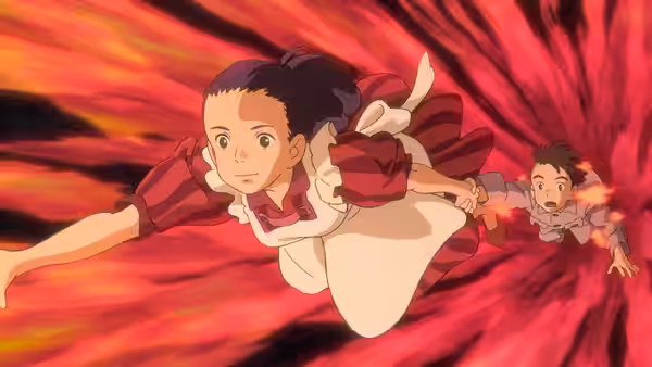 A woman pulls a boy through a swirling tunnel of red fire