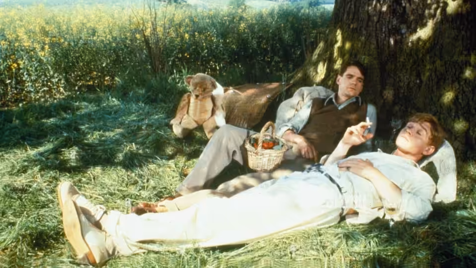 Charles Ryder (Jeremy Irons) sitting beside a companion on the grass with a picnic basket and teddy bear
