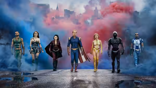 The Seven standing together on wet pavement before a colorful city skyline