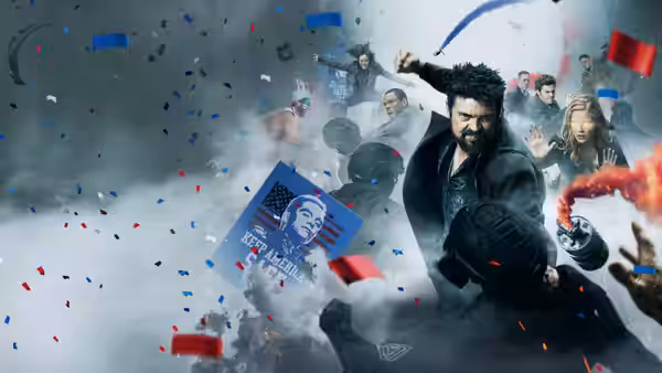 Billy Butcher leading a chaotic brawl amid flying confetti and debris