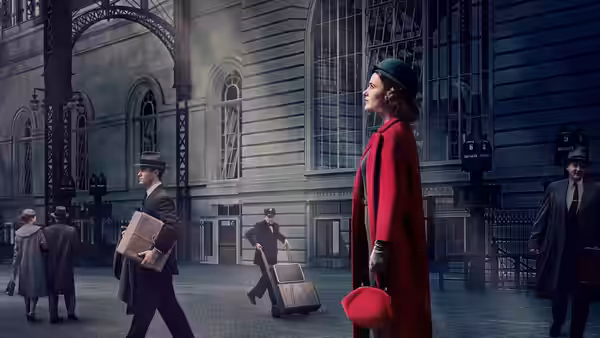 Midge Maisel (Rachel Brosnahan) in a red coat outside a grand building