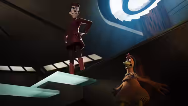Woman in purple stands with hands on hips above a surprised chicken