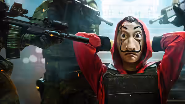 masked robber in red jumpsuit with hands raised among soldiers