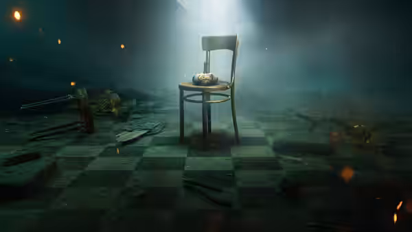 wooden chair with skull resting on a smoke-filled checkered floor