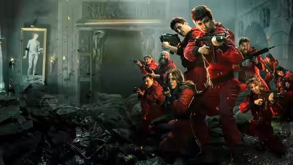 armed group in red jumpsuits aiming rifles in a rubble-strewn hall