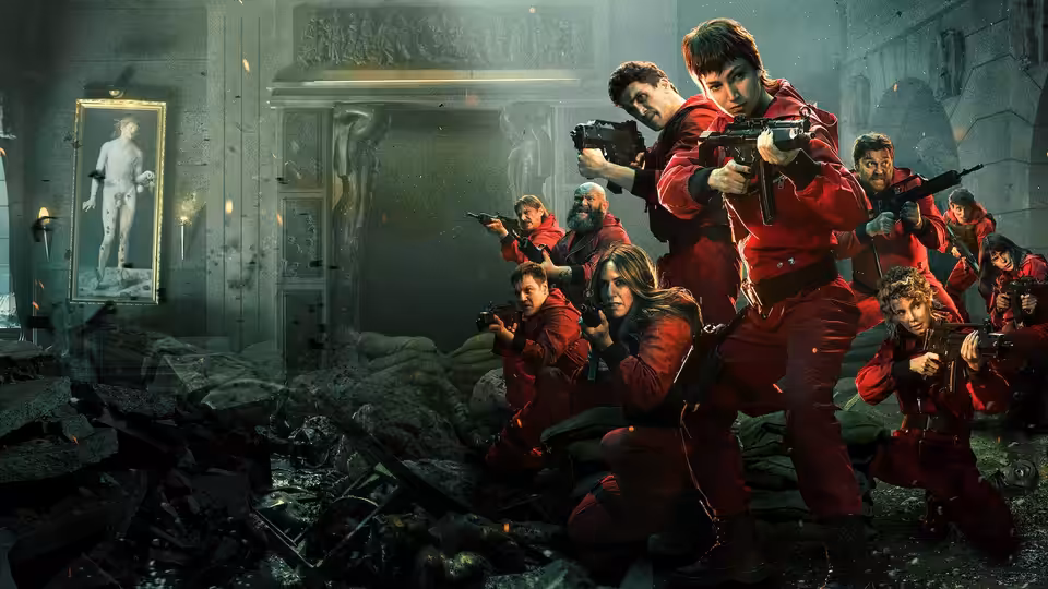 armed group in red jumpsuits aiming rifles in a rubble-strewn hall