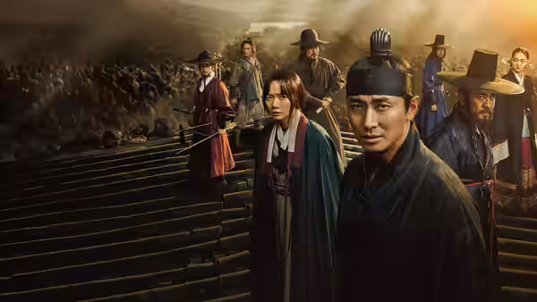 Group of figures stand on wooden steps overlooking a battlefield with smoke